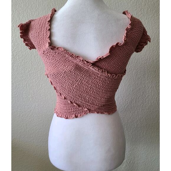 Y2K Smocked Crop Tank Top Sz Medium Stretch Ruffle Trim Criss Cross Love Tree - Picture 4 of 7